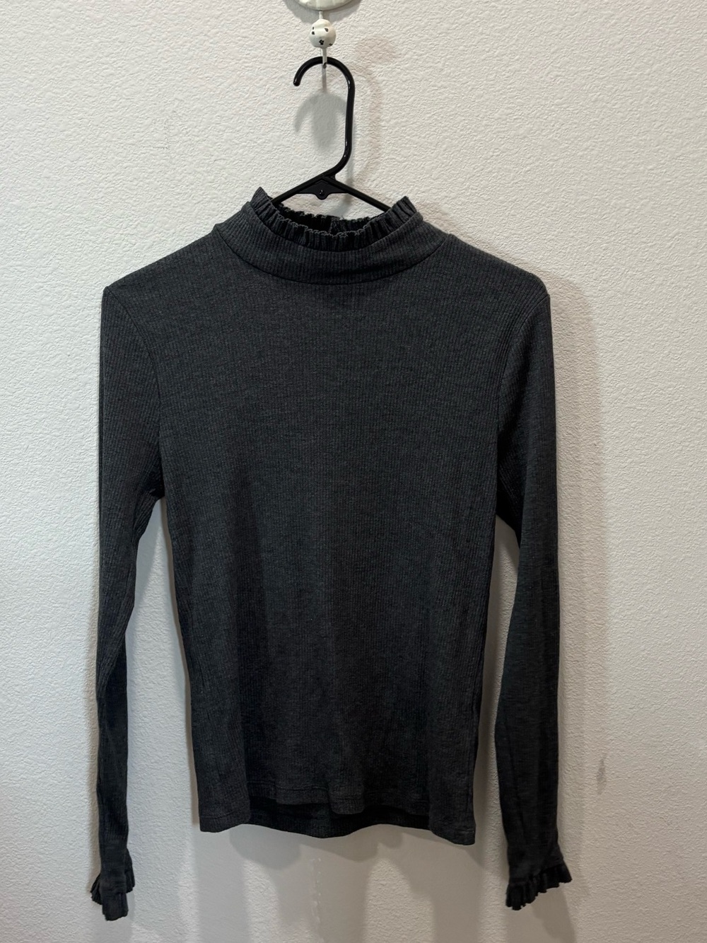 J. Crew Charcoal Ruffle Mock Neck Long Sleeve Top